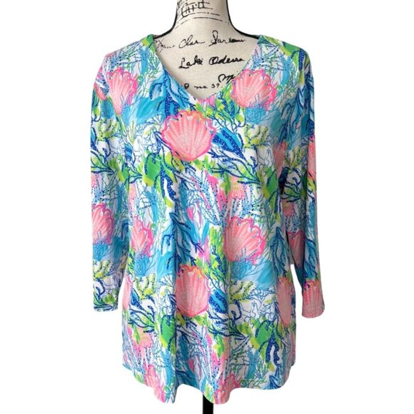 Lulu-B Tops - Lulu B. Womens V-Neck Top 3/4 Sleeves Size XL Blue Pink Ocean Shell Tropical